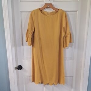 Tickled Teal Mustard Scallop Hem Ruffle Sleeve Lightweight Shift Midi Dress